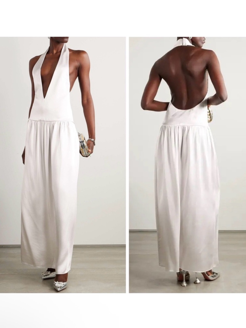 16ARLINGTON Salina Silver Satin V-Neck Open Back Gown Dress Sz 6 NWT Evening ⚪️